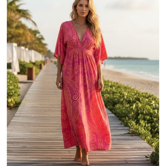 La Plage Dresses & Skirts - LA PLAGE Vintage Kaftan Maxi Dress Size Medium Pink Orange Resort Beachy Boho